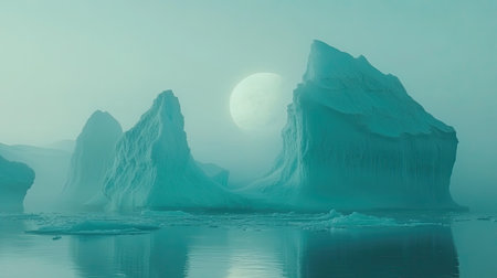 A stunning iceberg landscape under soft moonlight creates a tranquil and serene atmosphere. The icy formations reflect in the calm water, surrounded by a dreamlike ambiance.の素材