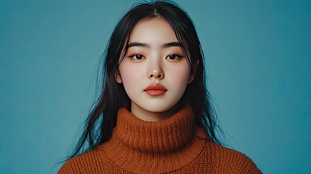 A stunning portrait of a young woman with long darker hair, wearing a cozy sweater. Her captivating gaze and natural beauty create a tranquil and elegant vibe.の素材