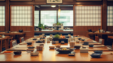 An inviting view of a traditional Japanese restaurant interior featuring elegant wooden decor and a spacious dining setup. Perfect for showcasing cultural dining experiences.の素材