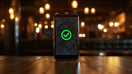 An aesthetically pleasing smartphone displaying a check mark on its screen, set on a wooden table in a cozy, dimly lit cafe ambiance, symbolizing success and assurance.の素材