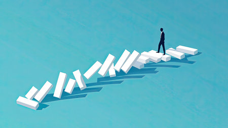 A businessman confidently walks on abstract blocks, symbolizing growth and progress. The visual metaphor highlights journey and overcoming challenges in the business world.の素材