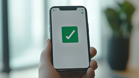 A close-up of a hand holding a smartphone displaying a green check mark, symbolizing confirmation and success in digital communication. Bright indoor setting.の素材