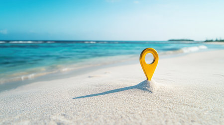 A vivid location pin standing on a sandy beach with clear blue waters in the background. The scene evokes feelings of adventure and relaxation in a tropical paradise.の素材