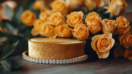 This stunning image features a luxurious jewelry box surrounded by vibrant yellow roses, creating a romantic and elegant atmosphere perfect for special occasions or gifts.の素材