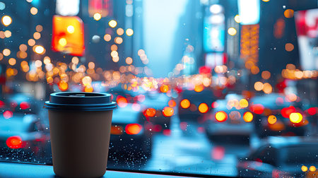 A focus on a coffee cup with a blurred city traffic scene in the background creates a cozy atmosphere. This image captures the essence of urban lifestyle and daily routines.の素材