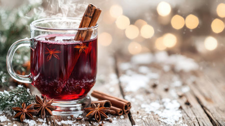 A steaming glass mug filled with a warm spiced beverage, garnished with cinnamon and star anise, set against a rustic wooden backdrop with festive bokeh lights.の素材