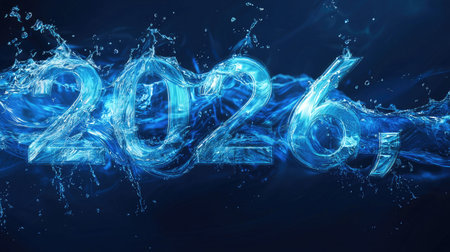 A captivating visual of the year 2026 represented as a glossy, flowing water splash in a vibrant blue backdrop. This image symbolizes freshness and innovation.の素材