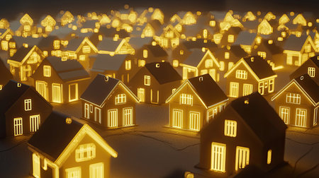 Discover a serene neighborhood at night, filled with glowing houses radiating warmth and charm, creating a captivating and inviting atmosphere.の素材