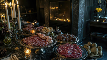 Experience an exquisite dining setting featuring an elegant table adorned with assorted meats and candlelight, perfect for a festive gathering or intimate dinner.の素材