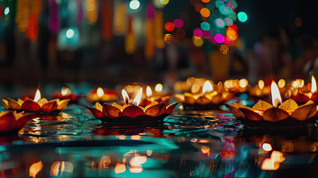 Vibrant floating candles illuminate a serene water surface, creating a tranquil and enchanting atmosphere perfect for festivals and celebrations.の素材
