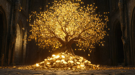 A majestic golden tree adorned with shimmering leaves stands atop a pile of gleaming coins in an ancient setting, evoking a sense of wonder and prosperity.の素材