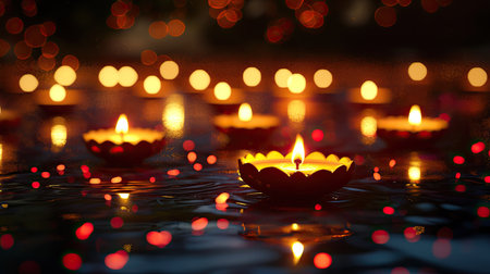 A captivating scene featuring floating candles in water, illuminated by a warm glow. The vibrant bokeh lights create a magical and serene atmosphere, perfect for celebrations or meditative moments.の素材