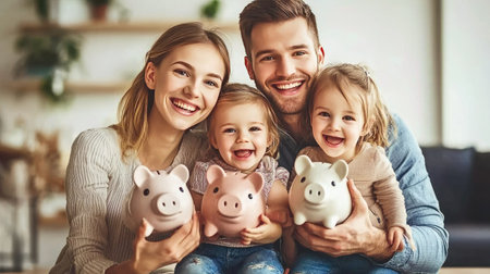 A cheerful family portrait featuring a happy couple with their two smiling daughters, each holding piggy banks and capturing a joyful moment of togetherness.の素材