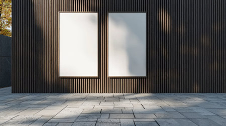 Two empty frames on a modern wooden wall provide ideal advertising space. The minimalist design complements the stone floor, creating a chic urban aesthetic.の素材