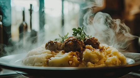A steaming plate featuring succulent meatballs served over creamy mashed potatoes, generously drizzled with rich gravy and garnished with herbs.の素材