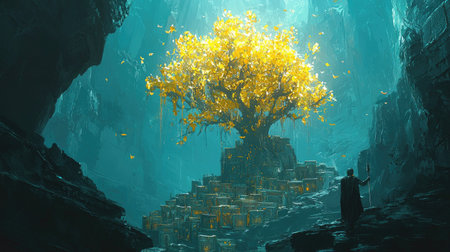 A stunning cave scene features a majestic tree with golden leaves surrounded by crates, illuminated by soft light, evoking a sense of adventure and wonder.の素材