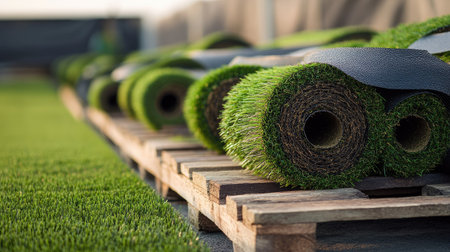 Freshly rolled artificial grass turf on a wooden pallet, ready for installation. This vibrant green material showcases quality and durability for various outdoor projects.の素材