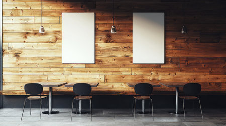 A cozy modern cafe interior featuring wooden walls and empty tables. This inviting space is perfect for relaxation and creativity, ideal for photography.の素材