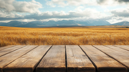 A rustic wooden table in the foreground contrasts beautifully with a vast golden wheat field and majestic mountains in the background under a cloudy sky.の素材