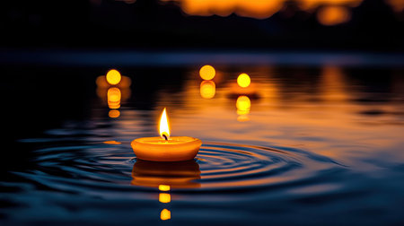 A serene image of a floating candle casting a warm glow on the water surface, capturing tranquility and beauty during a peaceful sunset.の素材