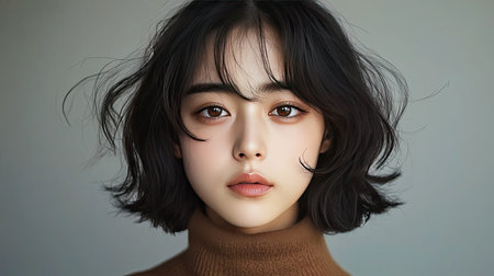 A captivating portrait of a young woman with short hair and natural makeup, showcasing her expressive eyes and gentle features against a soft, neutral background.の素材