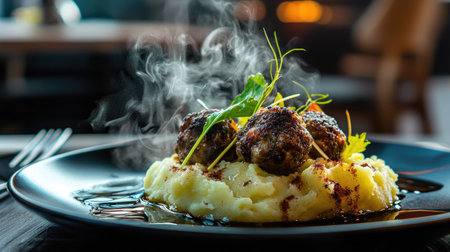 Indulge in this exquisite dish featuring tender meatballs served atop creamy mashed potatoes, with steam rising to enhance the inviting presentation.の素材