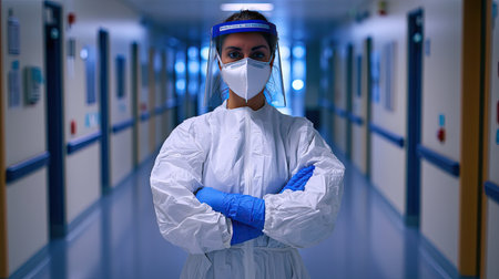 A healthcare worker in full personal protective equipment stands confidently in a hospital corridor, showcasing dedication and professionalism in a sterile environment.の素材