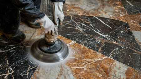 A skilled worker is polishing a marble floor using a professional grinder tool, showcasing attention to detail and craftsmanship in floor maintenance.の素材