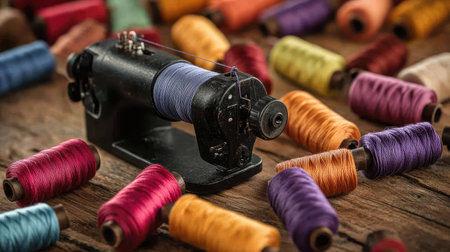 A vintage sewing machine sits beautifully among vibrant spools of thread. This cozy setting invites craft enthusiasts to explore their creativity with sewing.の素材