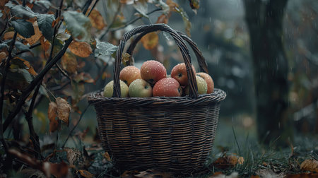 A woven basket filled with colorful apples rests in a serene outdoor setting, surrounded by autumn foliage and gentle rainfall, symbolizing nature's bounty.の素材