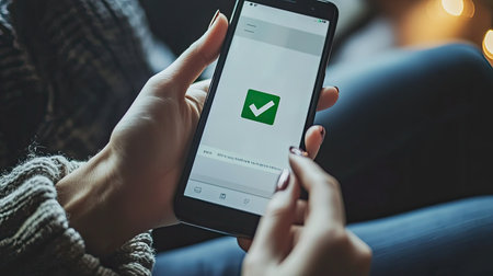 A close-up of a hand holding a smartphone displaying a green check mark, symbolizing confirmation and approval in a cozy indoor setting, representing technology use.の素材