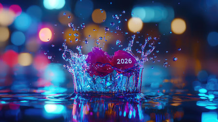 A stunning water splash capturing the essence of the year 2026. Bright colors and dynamic motion create a vibrant atmosphere perfect for celebrations and events.の素材