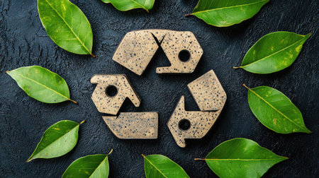 A unique recycling symbol made from natural materials surrounded by fresh green leaves, symbolizing eco-friendliness and sustainability in design and lifestyle.の素材
