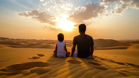 A serene moment capturing a father and son watching a beautiful sunset over golden sand dunes in a vast desert setting, highlighting their bond.の素材