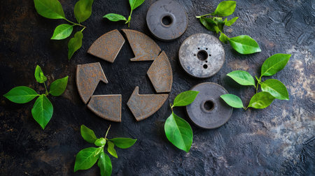 A close-up view of recycled metal elements and vibrant green leaves arranged on a dark textured surface, symbolizing sustainability and eco-friendliness in design.の素材