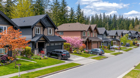 A picturesque suburban scene showcasing charming houses, vibrant trees, and blooming flowers along a peaceful street under a clear blue sky.の素材