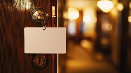A close-up of a door handle with a blank tag, set in a softly blurred hotel interior. The warm lighting creates a cozy atmosphere ideal for travel and vacation themes.の素材