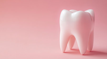 A stylized bright white tooth stands against a soft pink background, perfect for dental health promotions, educational materials, and hygiene awareness.の素材