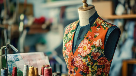 A vintage dress form adorned with vibrant floral fabric stands prominently in a tailorの素材