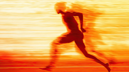 A vibrant silhouette of a runner captures the essence of speed and determination. The orange background conveys energy and vigor, ideal for fitness themes.の素材
