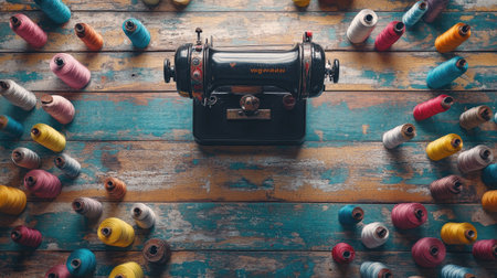 This image features a vintage sewing machine at the center with vibrant spools of thread arranged around it, perfect for showcasing the art of sewing and creativity.の素材