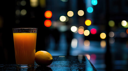 A vibrant glass of orange juice sits beside a fresh lemon on a dark bar counter, illuminated by soft city lights, creating a refreshing nighttime ambiance.の素材
