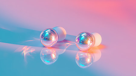 Two stylish earbuds rest on a glossy surface, illuminated with vibrant lighting. The reflection creates a captivating visual effect, accentuating modern design.の素材