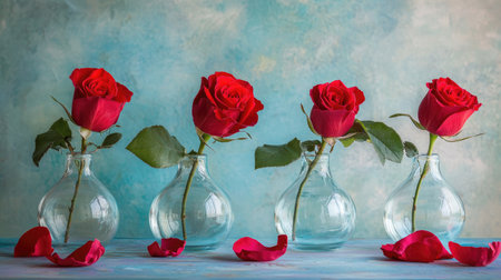 A beautiful still life featuring vibrant red roses in clear glass vases, surrounded by scattered petals. Perfect for themes of love, beauty, and elegance.の素材