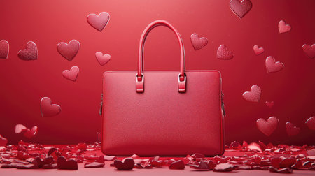 A stunning red handbag sits elegantly against a vibrant backdrop of floating hearts, creating a romantic and festive atmosphere ideal for stylish merchandise displays.の素材