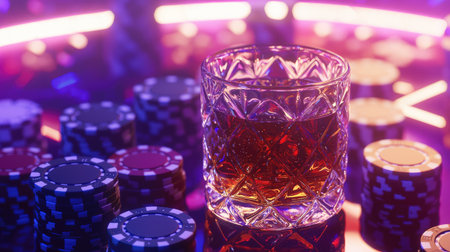 A glass of whiskey sits amidst colorful poker chips on a lively casino table, capturing the essence of nightlife, fun, and high-stakes excitement.の素材