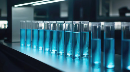 A captivating display of glass test tubes filled with vivid blue liquid in a modern laboratory setting. The contrast of colors enhances the scientific atmosphere.の素材
