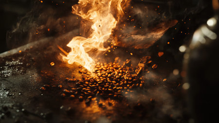 Captivating image of flames igniting from freshly roasted coffee beans, showcasing the dynamic beauty of the roasting process, evoking warmth and energy.の素材