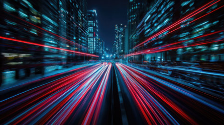 Dynamic long exposure photo captures vibrant light trails from vehicles moving through a bustling city, showcasing the energetic nightlife of urban life.の素材
