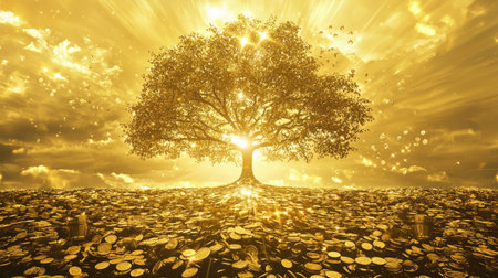 A radiant golden tree stands majestically amidst a sea of shining coins, symbolizing wealth and prosperity. The vibrant light creates a serene and hopeful atmosphere.の素材